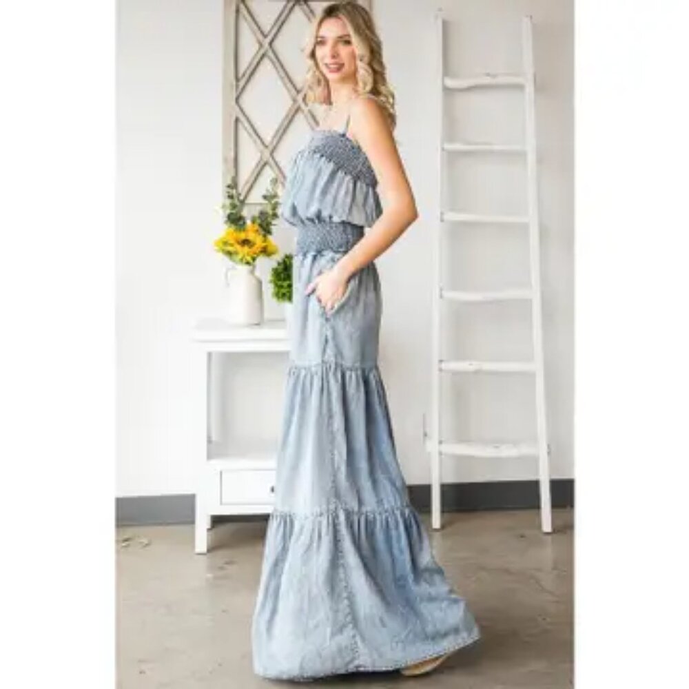 The Oli & Hali Washed Smocked Ruffled Wide Leg Jumpsuit Size Medium - Picture 9 of 10